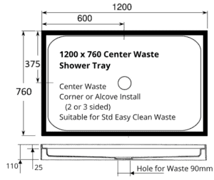 Rectangle shower 1200 x 760 tray 4 lip center waste dimensions