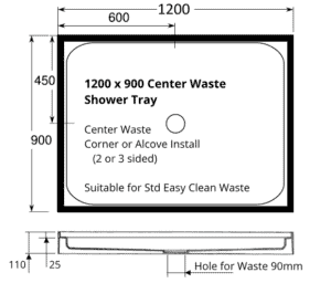 Rectangle shower 1200 x 900 tray 4 lip center waste dimensions for 1220 x 900 shower enclosure
