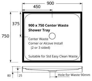 Rectangle shower 900 x 750 tray 4 lip center waste dimensions for 900 x 750 Shower Enclosure