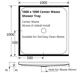 square Alcove 3 sided 1000 x 1000 shower tray center waste