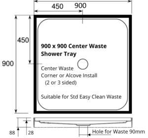 square shower 900 x 900 tray 4 lip center waste dimensions