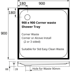 square shower 900 x 900 tray 4 lip rear waste dimensions