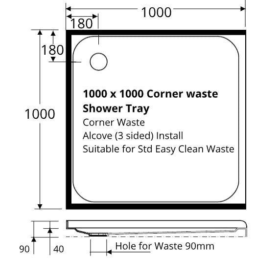 square Alcove 3 sided 1000 x 1000 shower tray rear waste