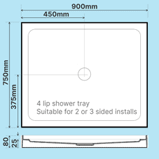 900 x 750 4-lip shower tray
